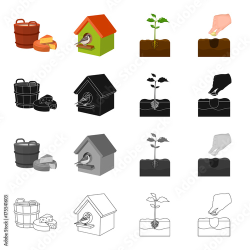 A tub with milk, a piece of cheese, a birdhouse, planting seeds in the garden, plants in the ground. Farm and vegetable garden] set collection icons in cartoon black monochrome outline style vector