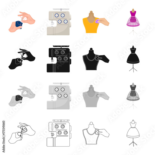 Hands embroiderers, sewing machine in the atelier, chalking on a mannequin, dress on a mannequin. Atelier and sewing set collection icons in cartoon black monochrome outline style vector symbol stock photo