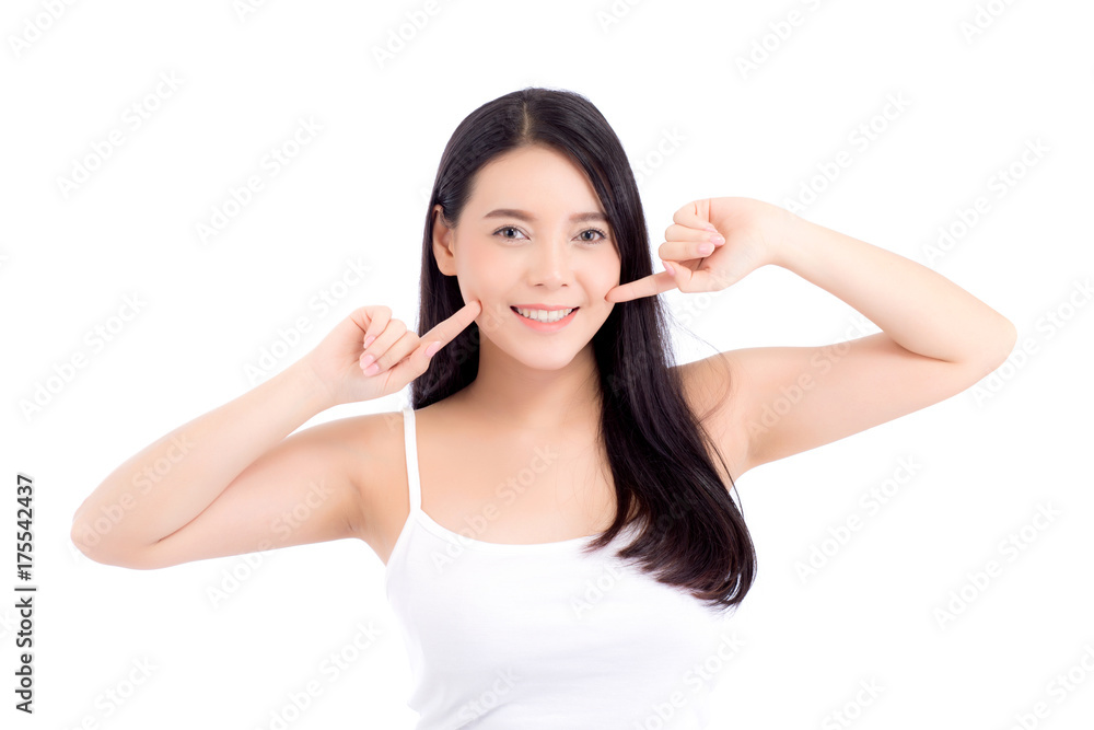Beautiful girl with makeup, woman and skin care cosmetic concept / attractive beauty asian girl on face with hand touch cheek and smile isolated on white background. Beautiful girl with makeup, woman and skin care cosmetic concept / attractive beauty asian girl on face with hand touch cheek and smile isolated on white background.