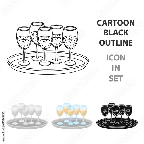 Tray with champagne glasses icon in cartoon style isolated on white background. Event service symbol stock vector illustration.