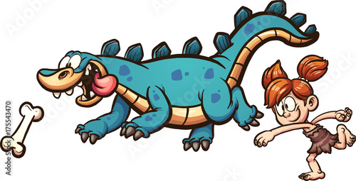 Prehistoric girl playing with a dinosaur. Vector clip art illustration with simple gradients. Each on a separate layer.