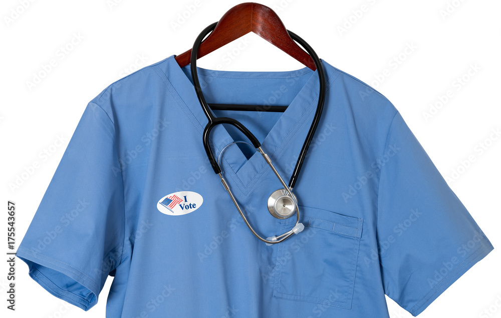 Blue scrubs shirt for medical professional with I Vote sticker Blue scrubs shirt for medical professional with I Vote sticker