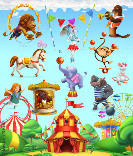 Circus funny animals, set of vector icons. 3d vector icon set