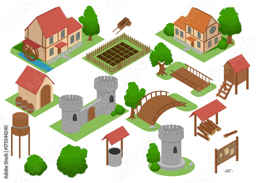 Medieval house Tile Online Strategic android video Game Insight. Development map element Isometric Flat Medieval 3D Buildings and Mill Explore Vector Game Antique Village house Icon Set Collection
