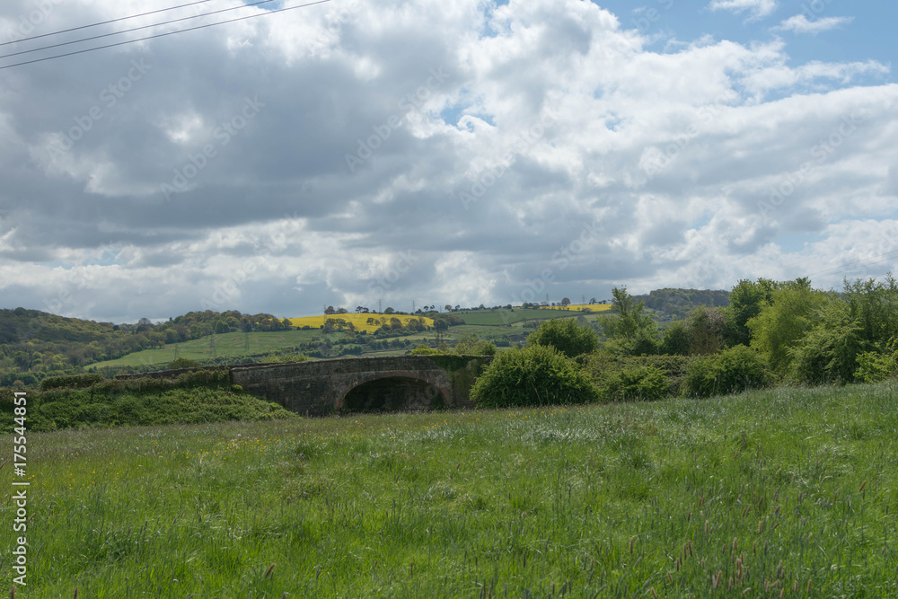 countryside with bridge, rapeseed, fields,