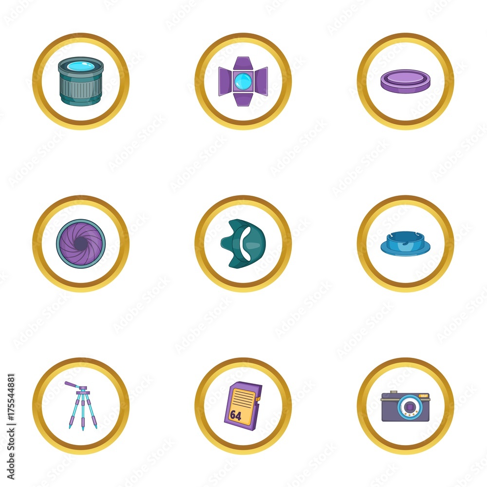 Camera accessories icons set, cartoon style Camera accessories icons set, cartoon style