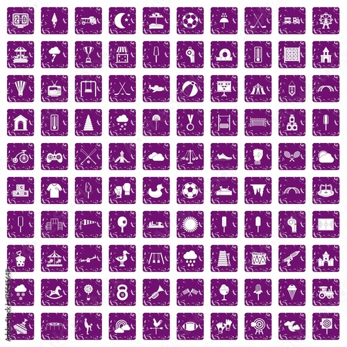 100 childrens playground icons set grunge purple