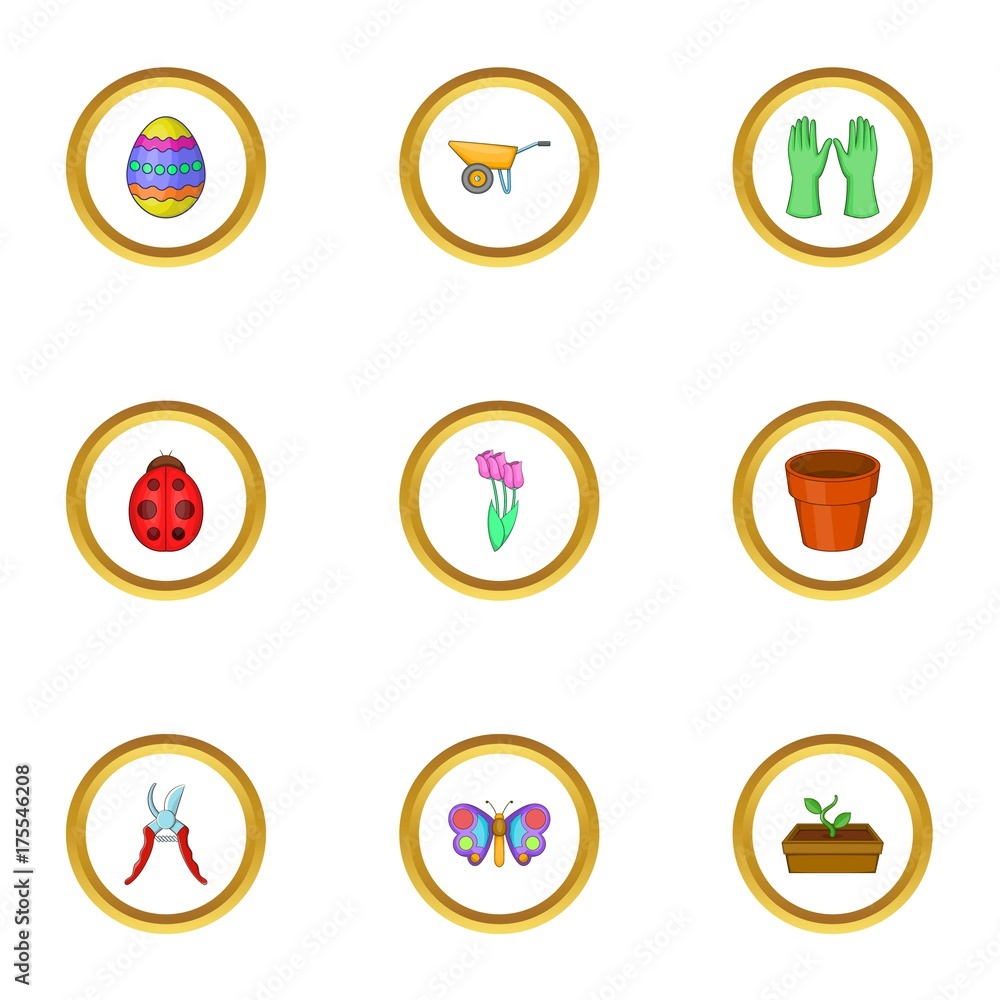 Garden icons set, cartoon style Garden icons set, cartoon style