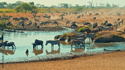 Cinematic shot of Great Migration of zebra and wildebeest by water well, drinking on a bright, hot, sunny day in colorful, dry savanna plains of  Serengeti national park in Tanzania, Africa. photo