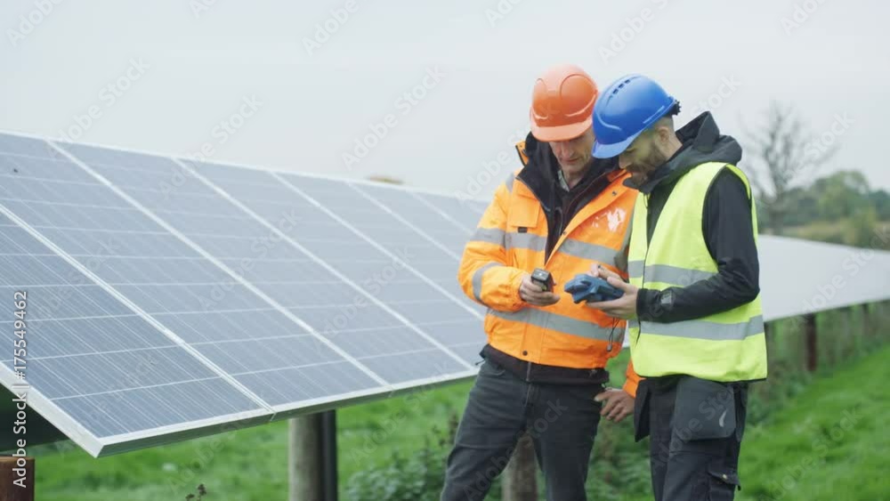 Technicians working at solar energy plant, checking the panels & talking Technicians working at solar energy plant, checking the panels & talking