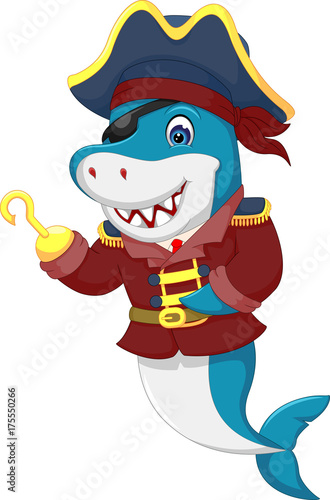 strong pirate shark cartoon waving with smile