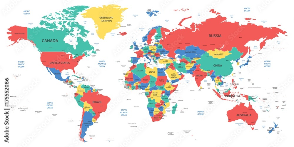 Obraz premium Szczegółowa mapa świata z granicami, krajami i miastami