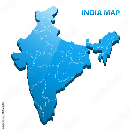 Highly detailed three dimensional map of India with regions border