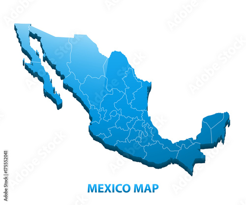 Highly detailed three dimensional map of Mexico with regions border