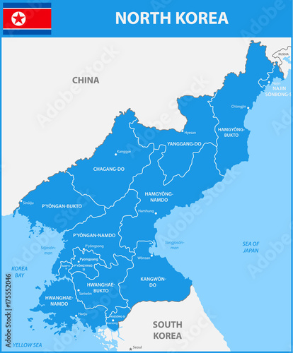 The detailed map of the North Korea with regions or states and cities, capital. Included part of China, Russia, South Korea