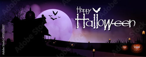 Halloween pumpkins and dark House on full Moon background, vector and illustration.