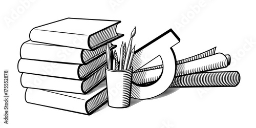Still life with stationary items. Black and white retro-style vector illustration. Pile of books, pencils and pens in a cup, protractor and paper rolls