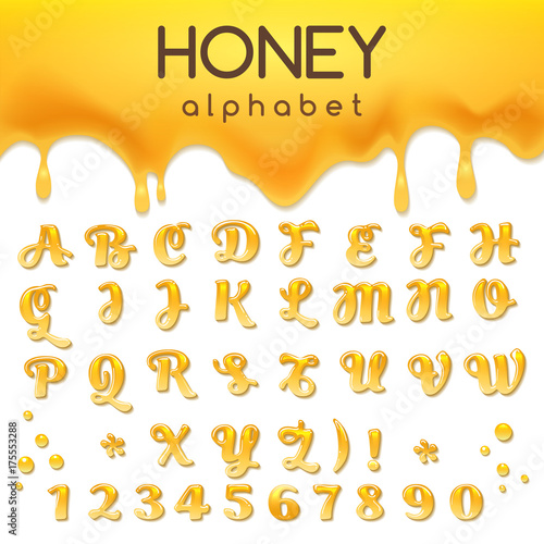 Liquid honey alphabet isolated on white background. Honeyed yellow caramel food font with drops and splashes. Vector illustration