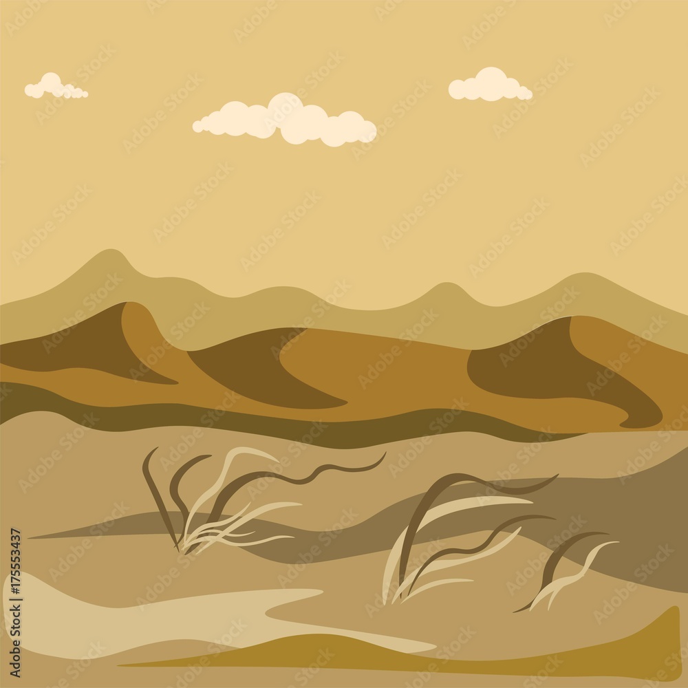 Autumn in desert with sand hills and yellow grass bundles