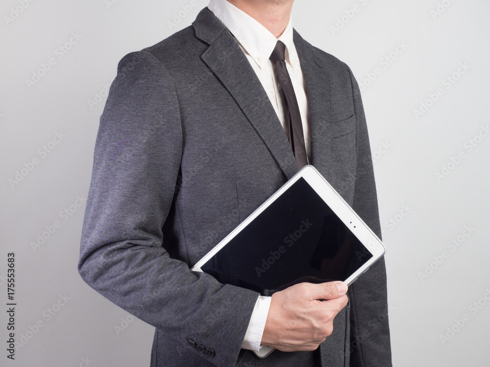 Businessman confirm project .Idea business on white background.he hold tablet. Businessman confirm project .Idea business on white background.he hold tablet.