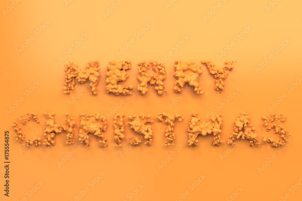 Liquid orange Merry Christmas words with drops on orange background