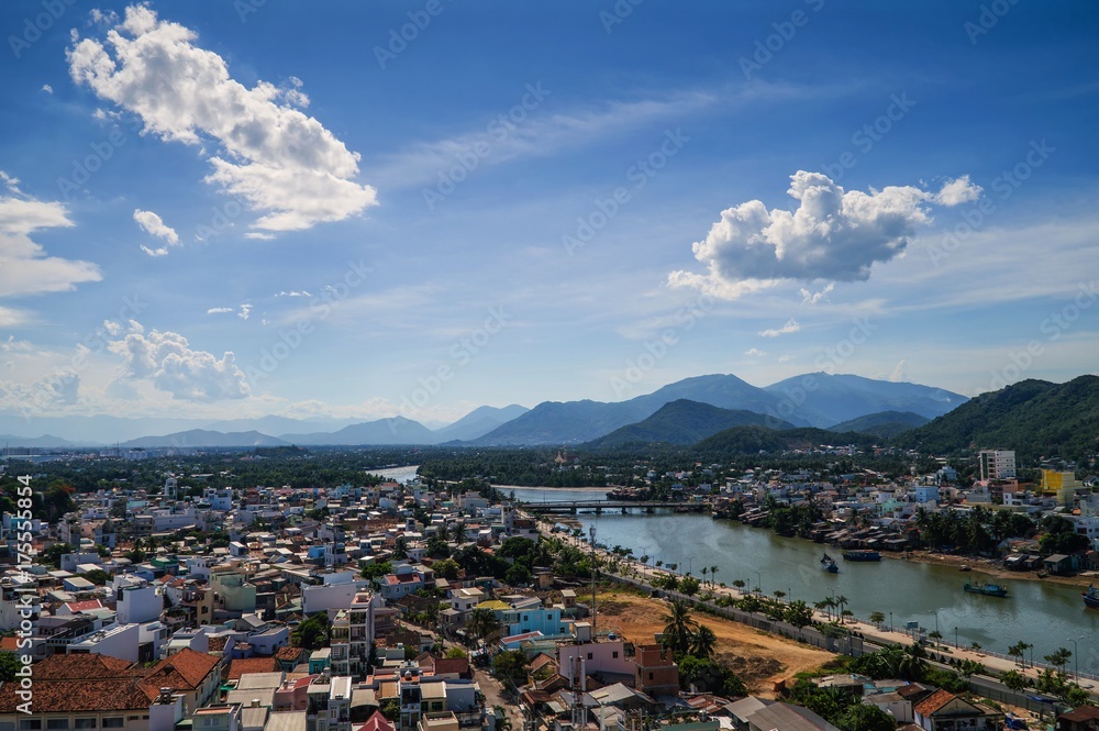 view of Nha Trang city, mountains, Kai river from the hill, Vietnam, landscape