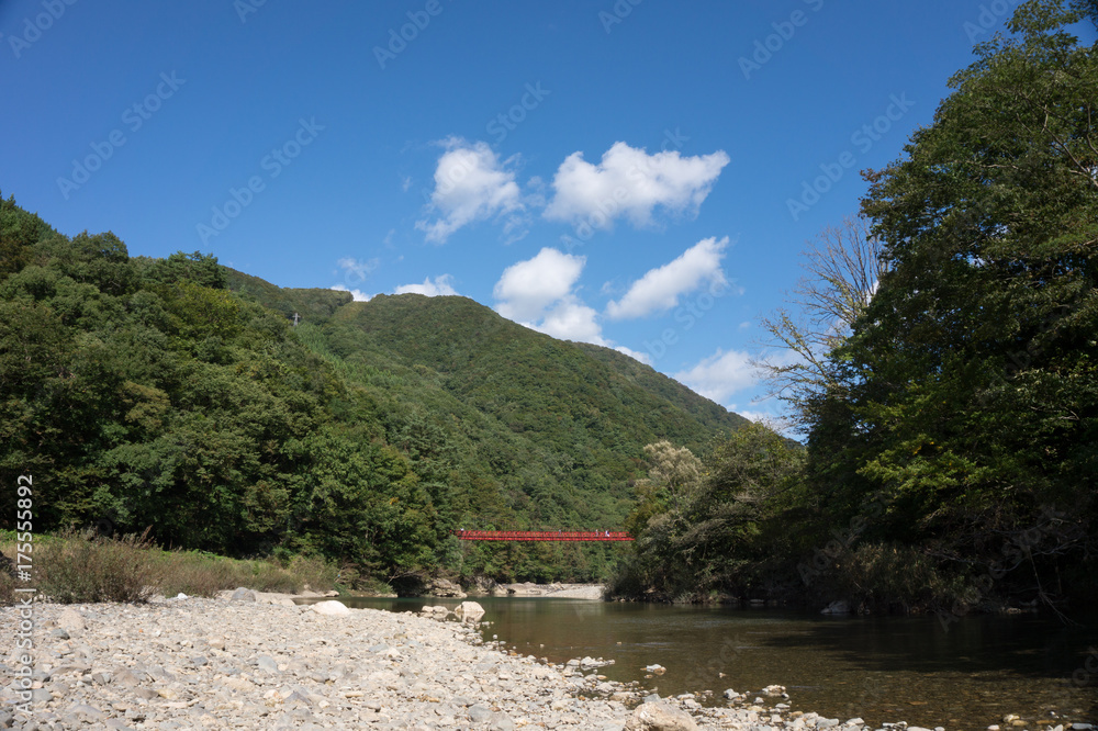 Fototapeta premium 秋田県 抱返り渓谷 赤い吊り橋 青空