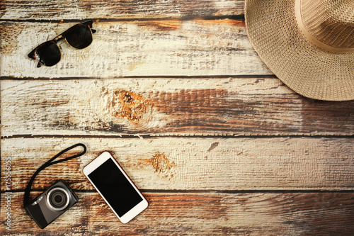 Traveler items vacation travel accessories holiday long weekend day off travelling stuff equipment background view concept 