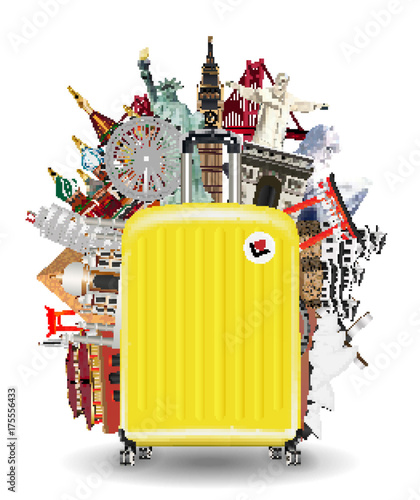 suitcase travel bag with world travel landmark