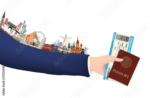 hand hold boarding pass passport and landmark