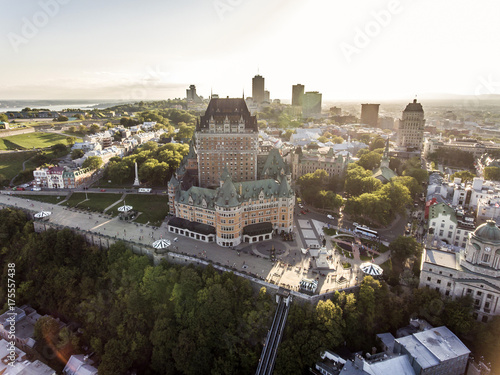 Aerial helicopter view of Chateau Frontenac hotel and Old Port in Quebec City Canada. photo