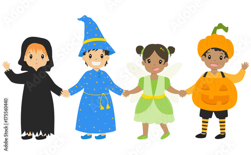 happy boys and girls wearing Halloween costumes and holding hands, cartoon vector for Halloween.