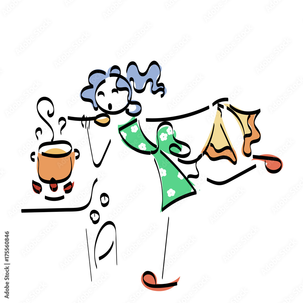 Fototapeta premium Doodle stickman illustration concept. Cooking woman with tasty food
