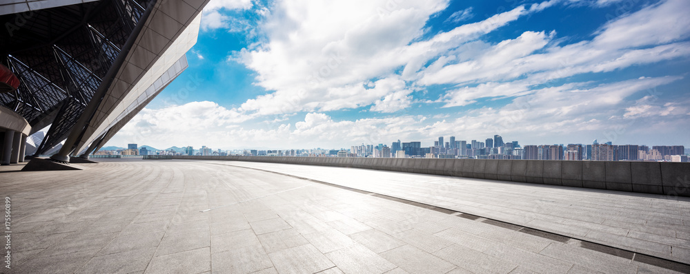 empty marble floor with cityscape of modern city empty marble floor with cityscape of modern city