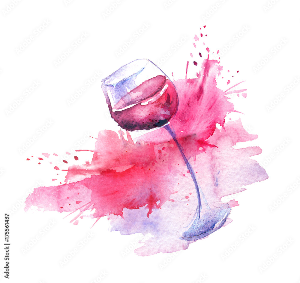 Watercolor drawing. Spilled wine, a fallen glass, a wine glass. Splash