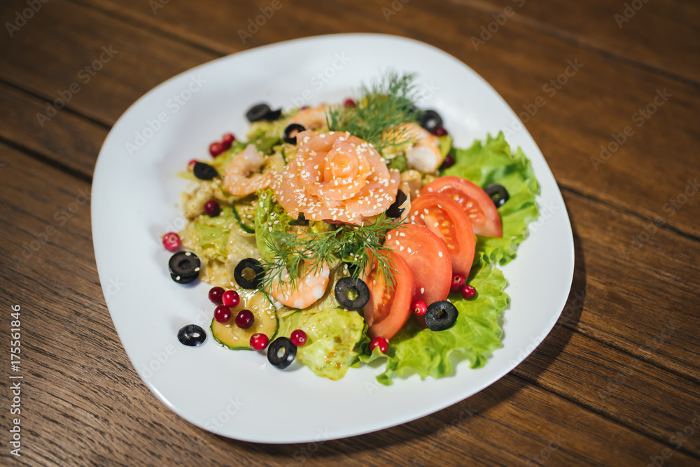 Vegetable salad with salmon and shrimp Vegetable salad with salmon and shrimp