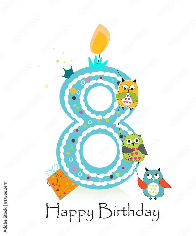 Fototapeta premium Happy eighth birthday with owls baby boy greeting card