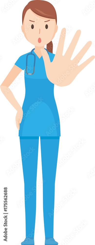 Illustration that a nurse wearing a blue scrub hands out his hand