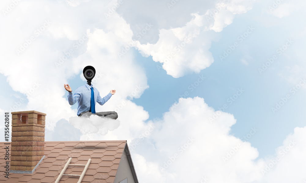 Concept of security and privacy protection with camera headed man meditating Concept of security and privacy protection with camera headed man meditating