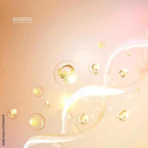 Beauty treatment nutrition skin care design. Vitamin A drop with white sphere. Regenerate cream and Vitamin Background of Concept Skin Care Cosmetic. Vector illustration.