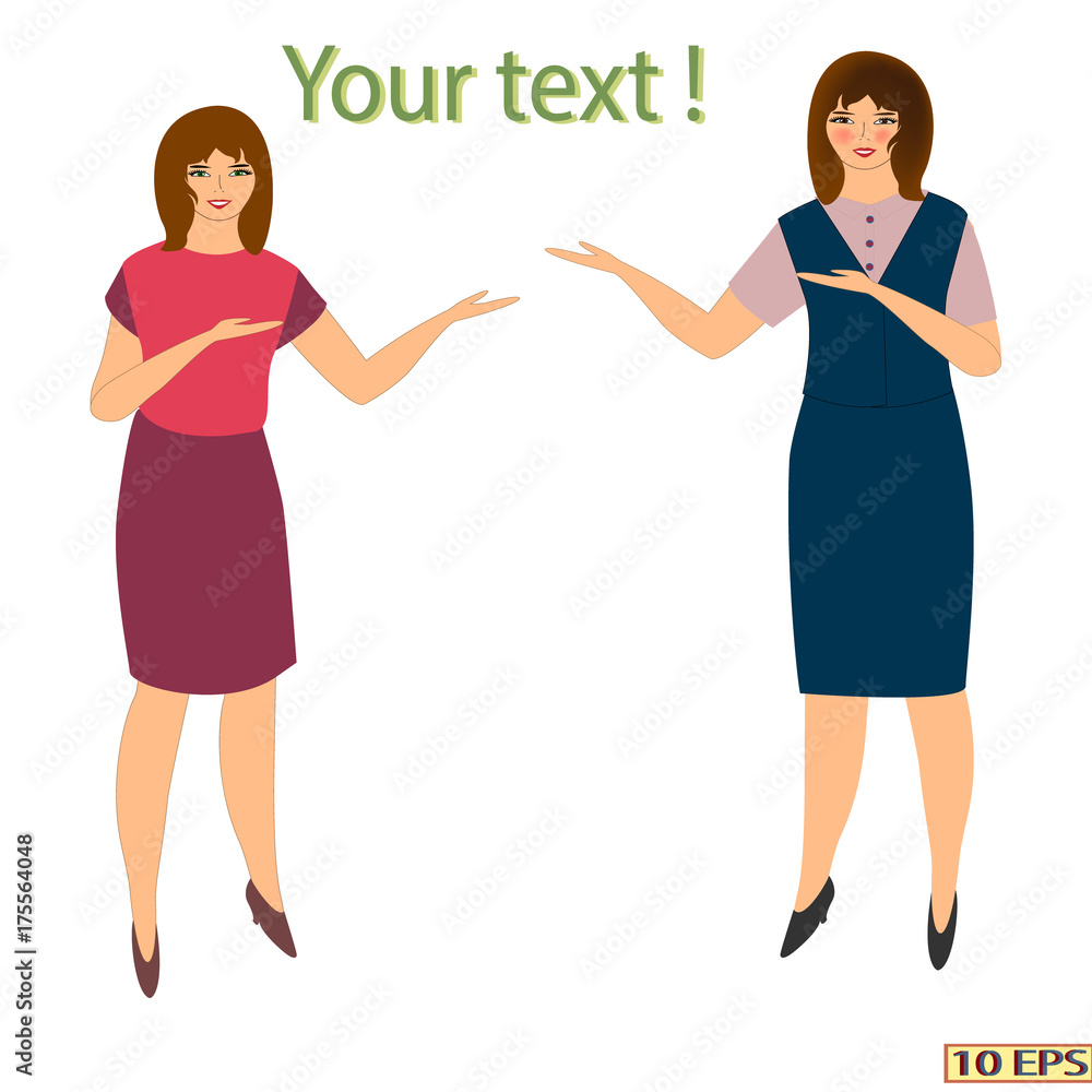 A woman shows up on the text. Lorem ipsum, template. Vector illustration flat icon. A woman shows up on the text. Lorem ipsum, template. Vector illustration flat icon.