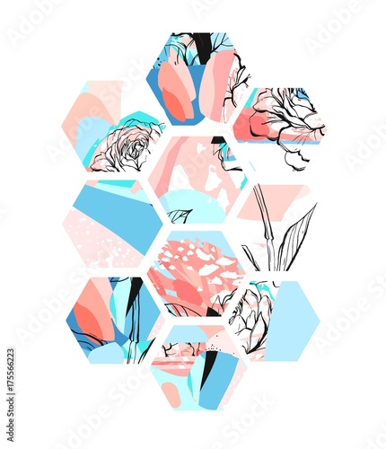 Hand drawn vector artistic universal textured abstract composition with hexagon shapes,hand made textures and flowers motif in pastel colors isolated on white background