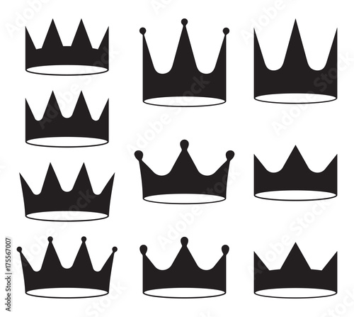 Set of ten black crowns for heraldry design on white background.