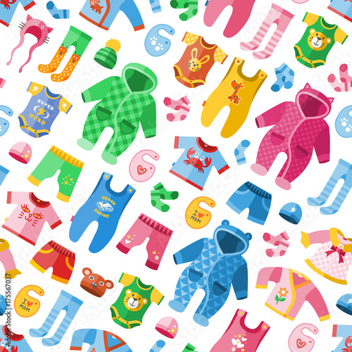 Seasonal infant clothes for kids babyish fashion infantile puerile cloth vector illustration seamless pattern background