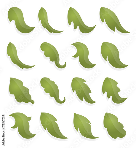 Set of stylized decorative green leaves, icons with shadows and glares. Vector illustration Eps 10.