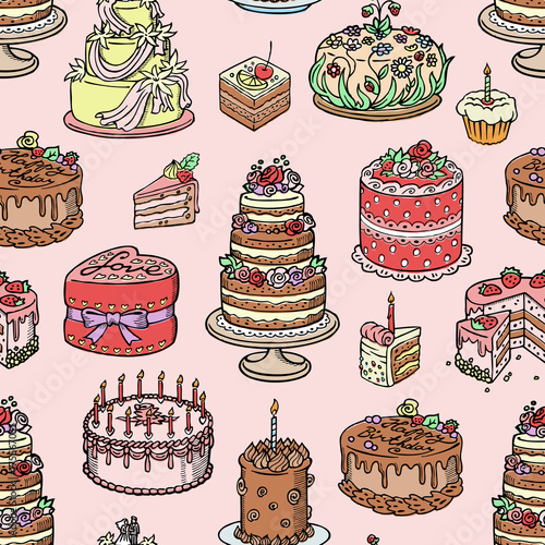 Wedding cake pie hand drawn style sweets dessert bakery ceremony delicious vector seamless pattern background