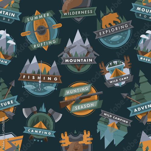 Camping outdoor tourist travel logo scout badges template emblems vector illustration seamless pattern background