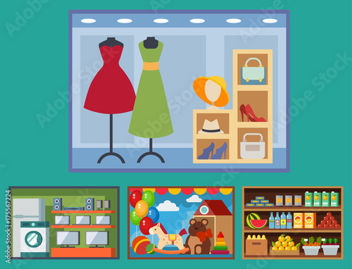 Vector flat design restaurant shops facade storefront market building architecture showcase window illustration.