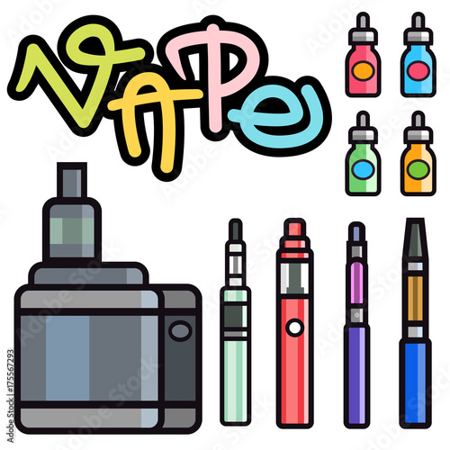 Vape device vector set cigarette vaporizer vapor juice bottle flavor illustration battery coil.