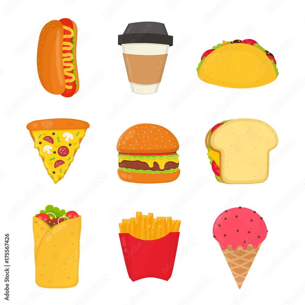 Fast food set. French fries, hot dog, ice cream, drink, sandwich, pizza ...